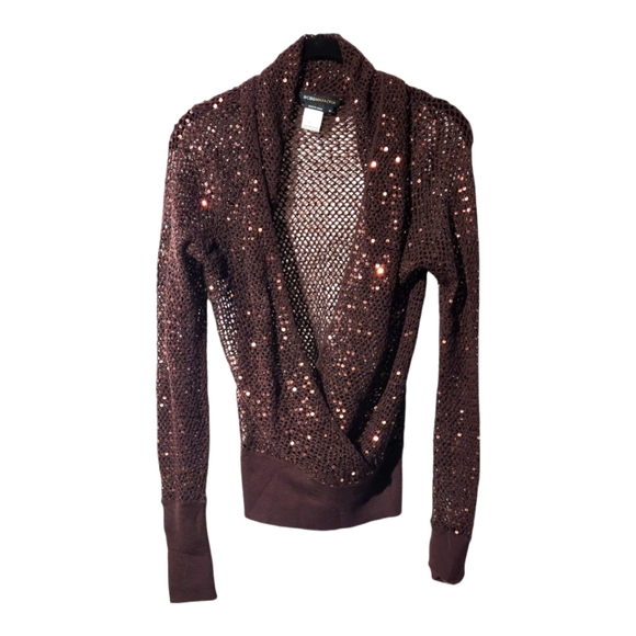 BCBG MAXAZRIA Brown Sequin Open Knit Wrap Sweater Size Med 100% Merino Wool - Picture 1 of 3